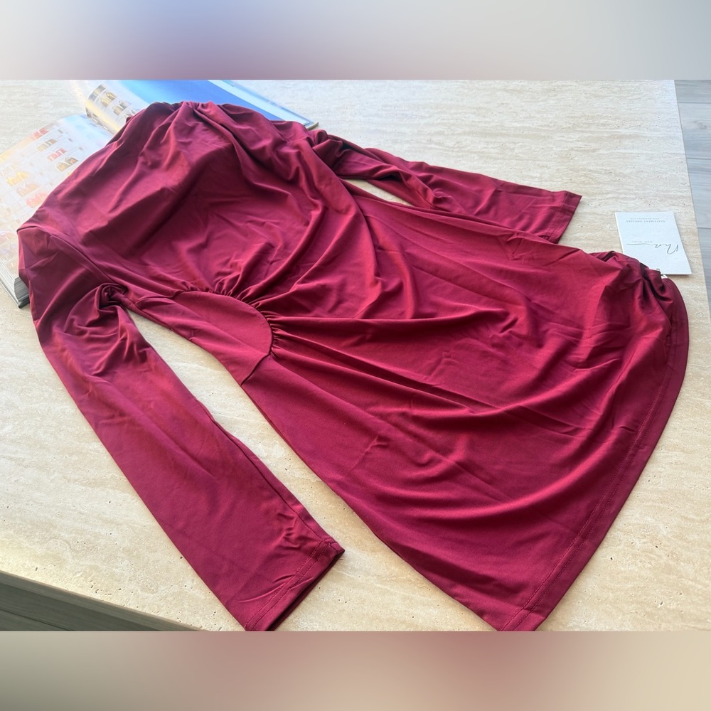 Mew Mews Wine Red Sleeved Ruched Mini Dress